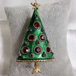 Vtg Signed LIA Xmas Tree w Star Green Enamel Red Rhinestone Pin Brooch RARE